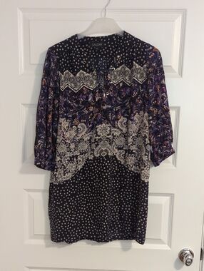 SALONI Navy, cream and purple paisley silk tunic - Size 2